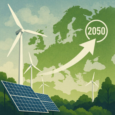 Illustration von Europas Weg zur Klimaneutralität: Im Vordergrund Windräder und Solarpanels, im Hintergrund eine grüne Europakarte mit einem aufsteigenden Pfeil Richtung 2050, symbolisch für den European Green Deal.